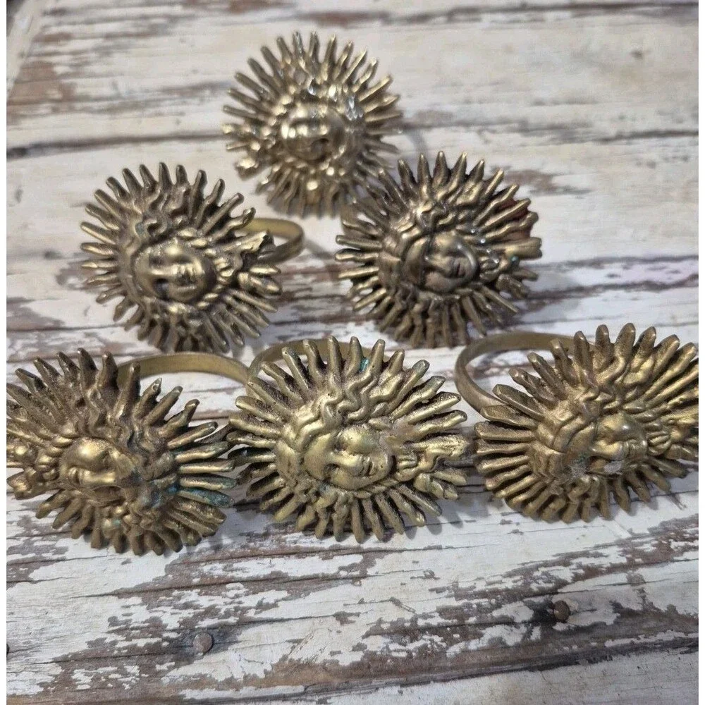 Vintage Solid Brass Sunshine Smiling Face Napkin Rings Set of 6 2